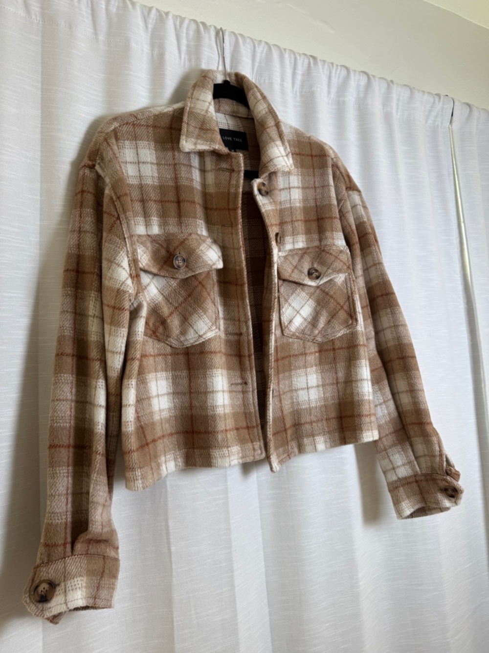 Love Tree Beige Plaid Cropped Shacket Button Front Jacket Neutral Cozy | Size M - Picture 6 of 12